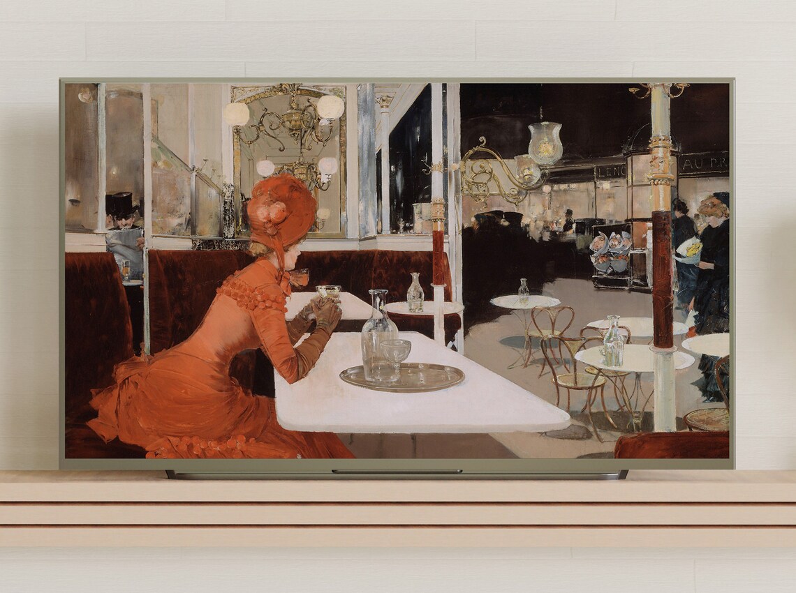 1880s Paris Cafe Vintage Painting Elegant Woman Orange Dress Art Print - Image 3
