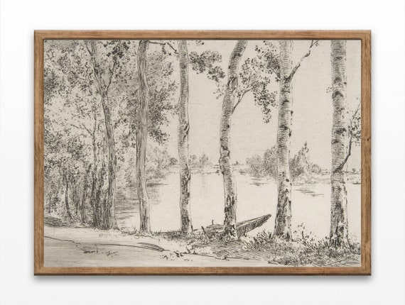 Poplars Trees Antique Etching Art Print, Minimalist
