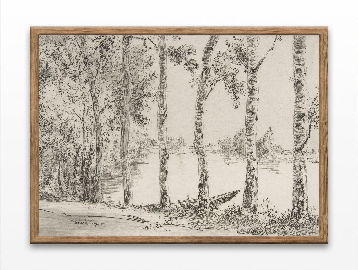 Poplars Trees Antique Etching Art Print, Minimalist