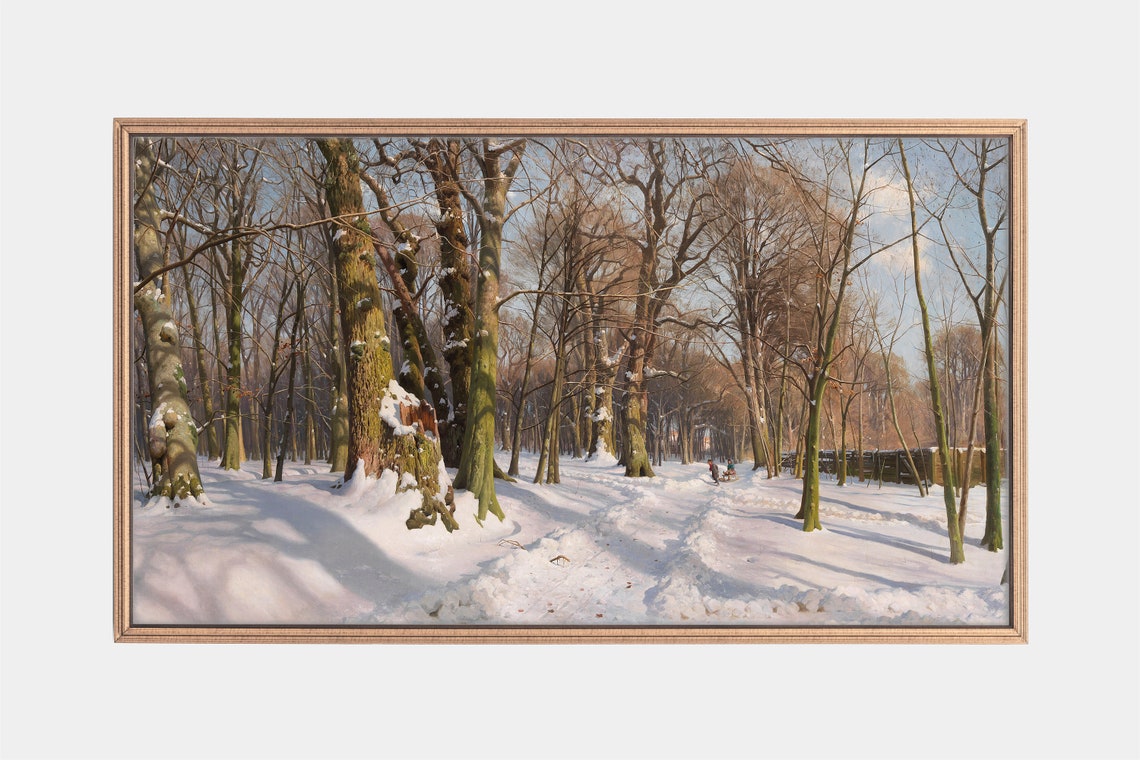 Snowy Winter Forest Path Vintage Oil Landscape Painting Poster
