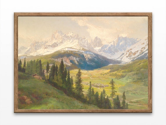 Paintings Of Alpine Villages Vintage Landscape Prints Mountain Artworks Farmhouse Wall Art Prints