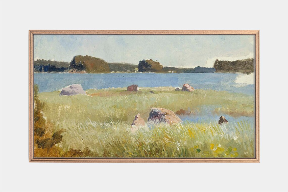 Archipelago Lakeshore Grass Rocks Islands Vintage Oil Painting Poster
