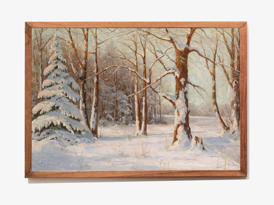 Snowy Winter Forest Pine Trees Sunlight Vintage Painting Poster - Image 2