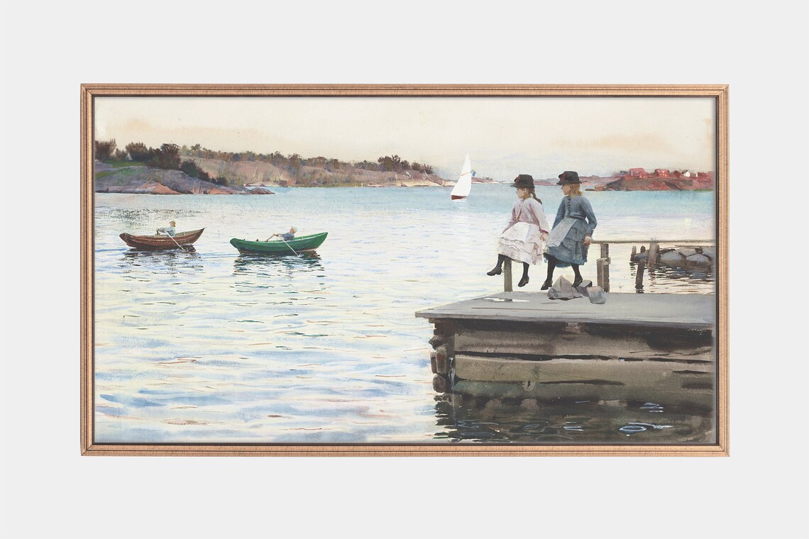 Girls Sitting On Wooden Pier Watching Sailboats Coastal Scene Poster