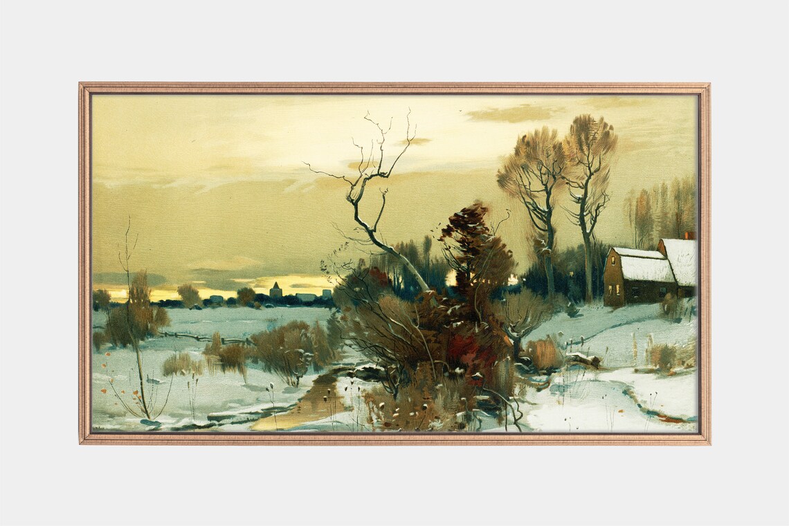 Winter Countryside Farmhouse Golden Sunset Vintage Painting Poster