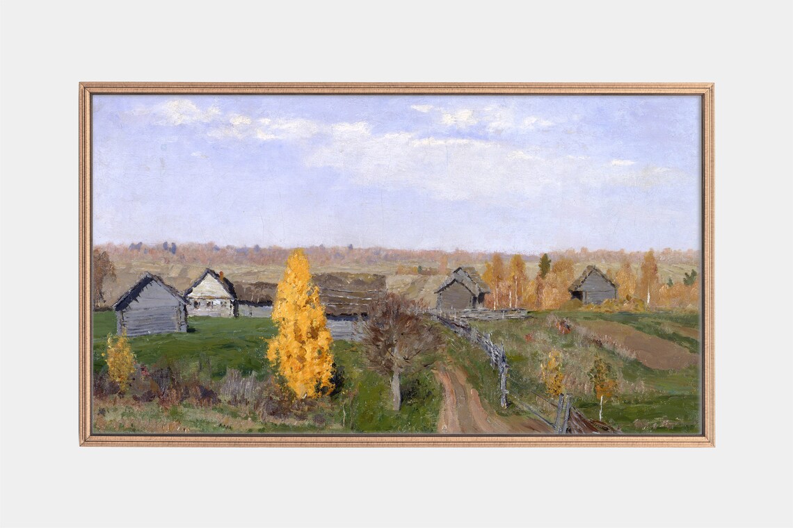 Autumn Village Golden Birch Trees Rural Harvest Landscape Art Poster