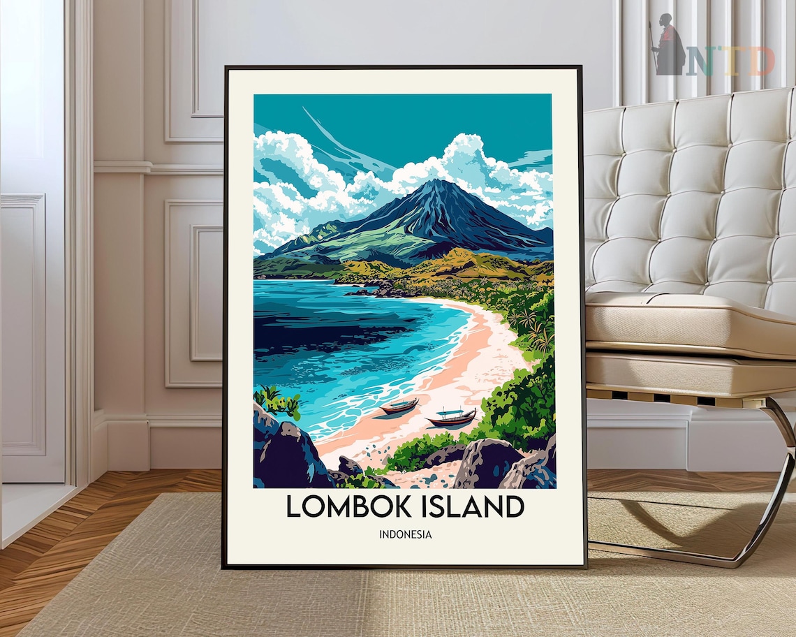 Lombok Island Indonesia Volcano Beach Tropical Seascape Travel Poster
