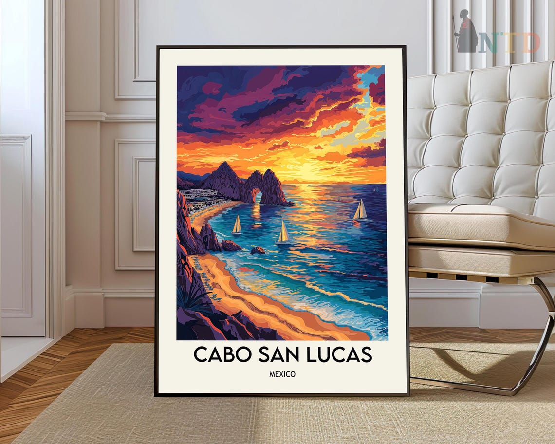 Cabo San Lucas Mexico Sunset El Arco Arch Sailboats Travel Poster