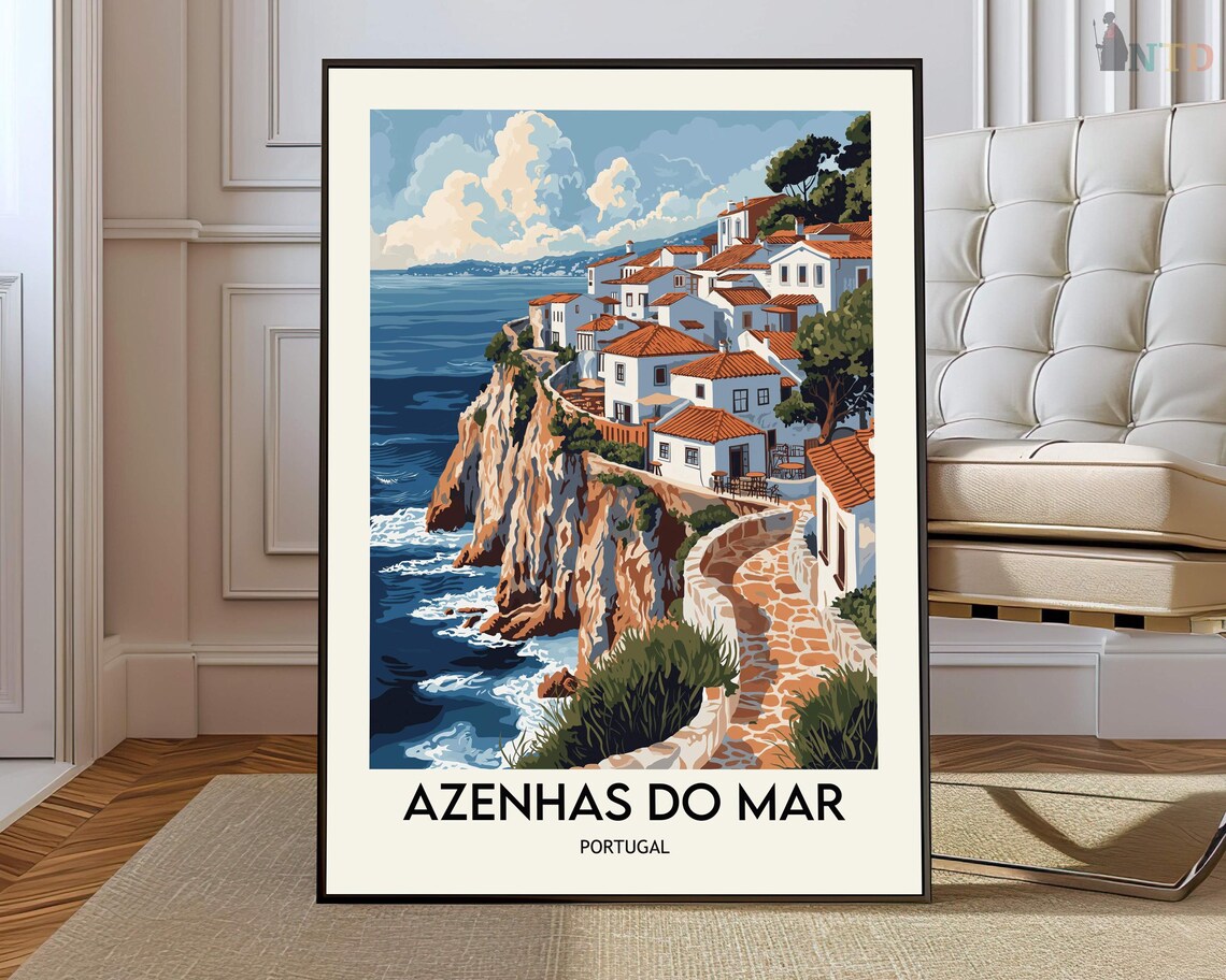 Azenhas do Mar Portugal Village Clifftop Waves Vintage Travel Poster