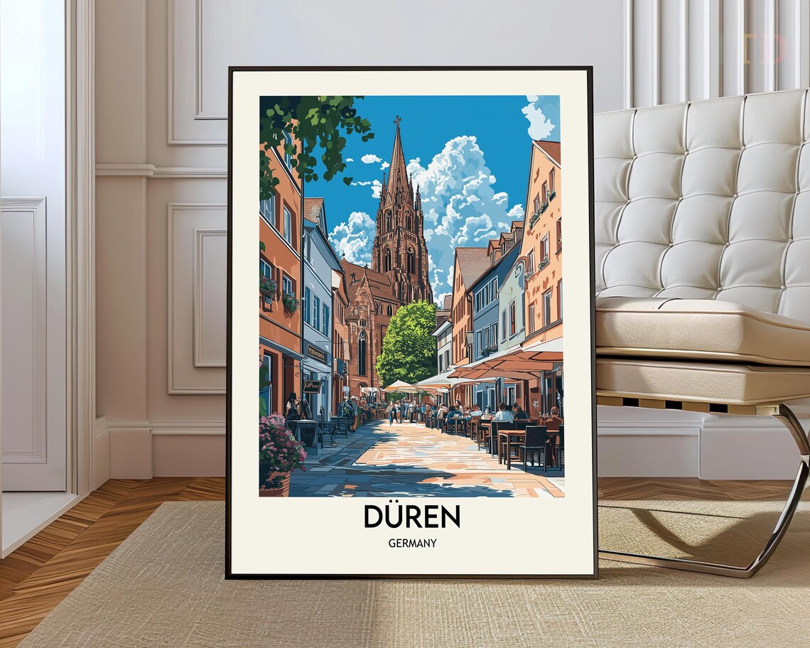 Duren Germany City Street Travel Poster with Church and Cafes