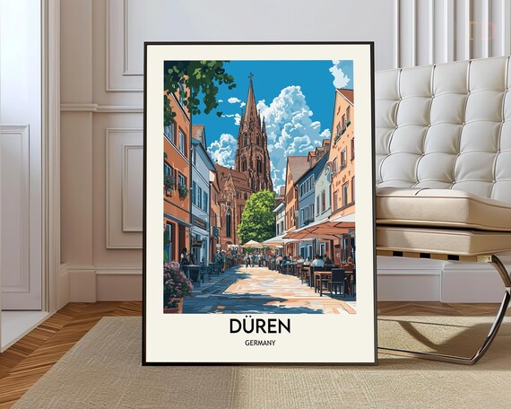 Duren Germany City Street Travel Poster with Church and Cafes