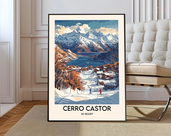 Cerro Castor Ski Resort Andes Lake Village Vintage Winter Poster