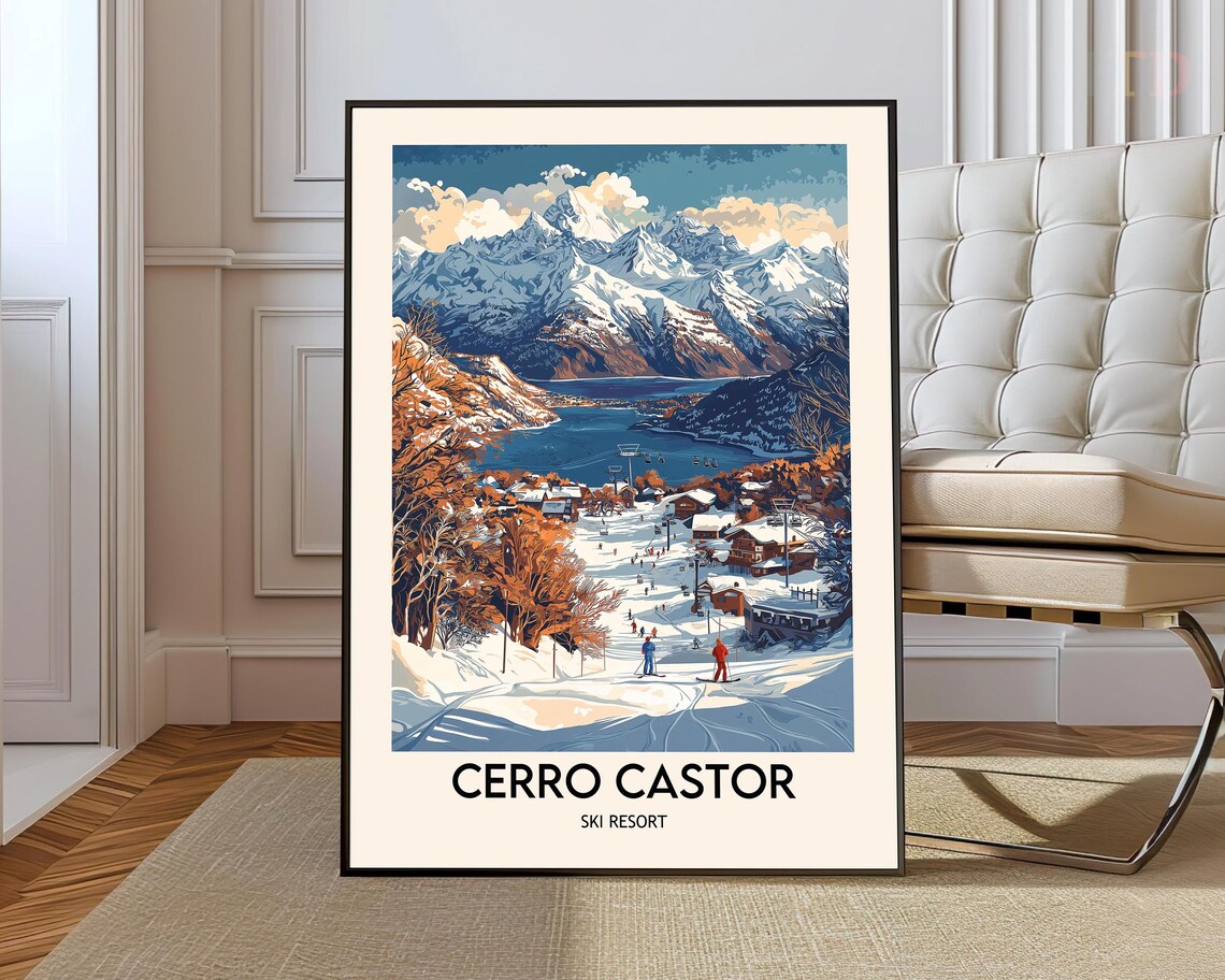 Cerro Castor Ski Resort Andes Lake Village Vintage Winter Poster