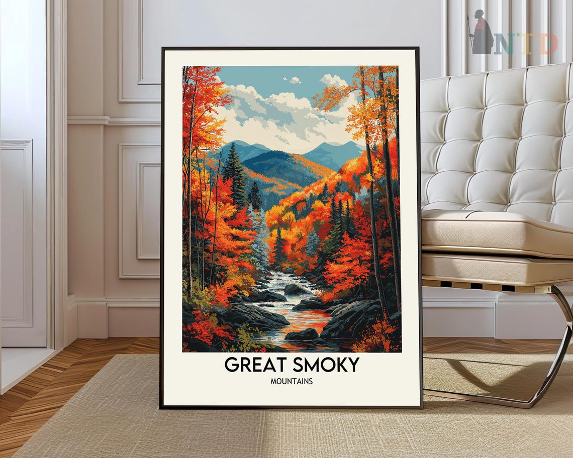 Great Smoky Mountains Poster with Autumn Rocky Stream and Red Foliage
