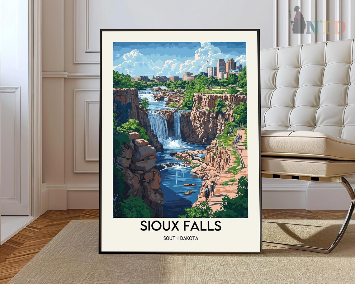 Sioux Falls South Dakota Waterfall Downtown River Skyline Travel Poster