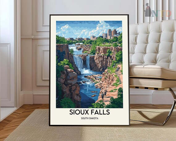 Sioux Falls South Dakota Waterfall Downtown River Skyline Travel Poster