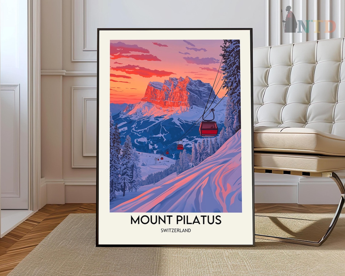 Mount Pilatus Switzerland Sunset Gondola Ski Resort Travel Poster