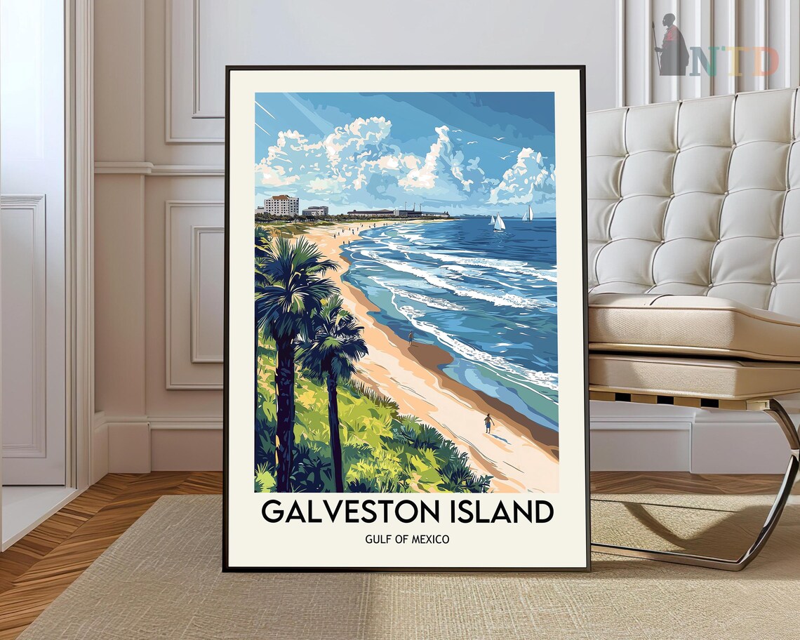 Galveston Island Gulf of Mexico Sandy Beach Palm Tree Travel Poster