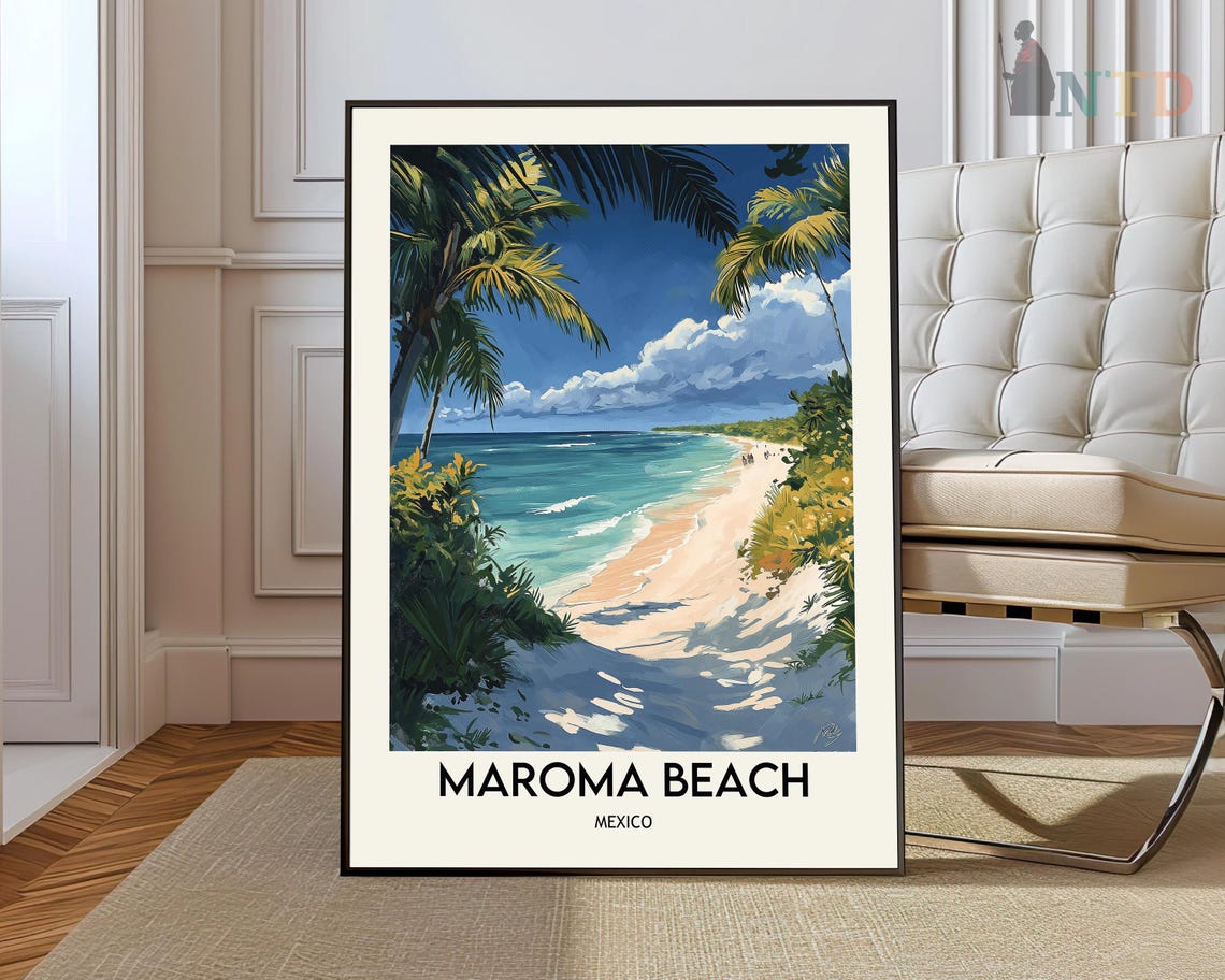 Maroma Beach Mexico Travel Poster with Turquoise Shore Palms