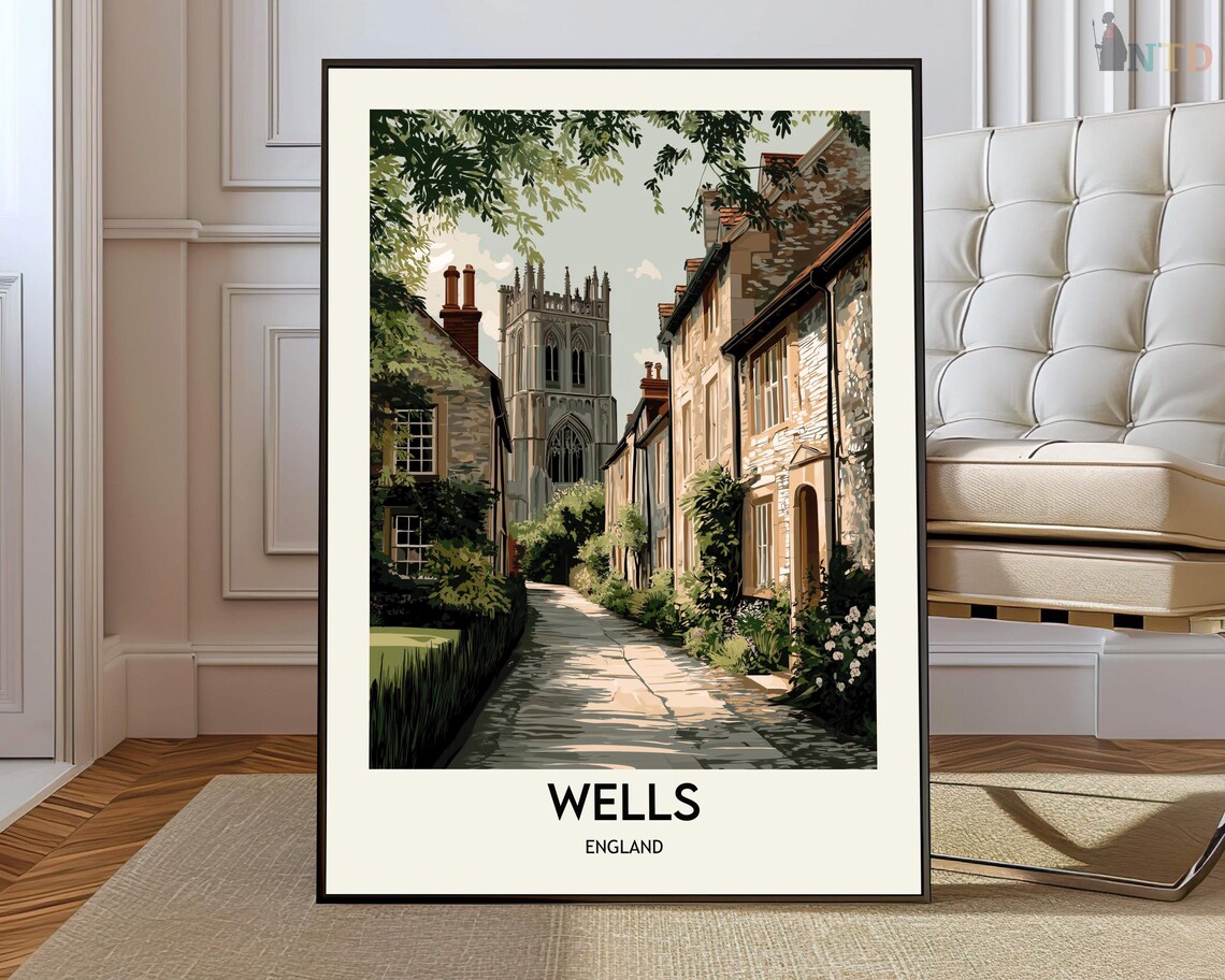 Wells England Cathedral Tower Stone Village Lane Summer Poster