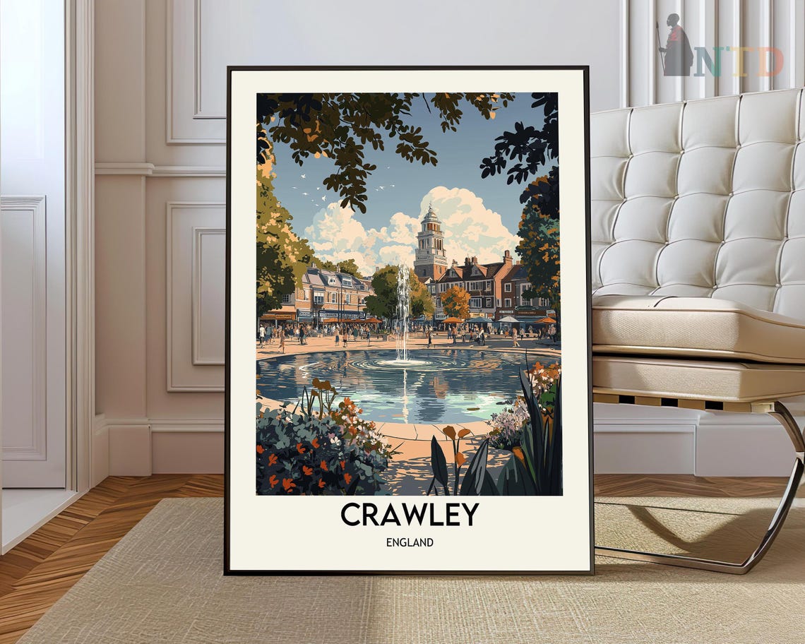 Crawley England Town Square Fountain Summer Vintage Travel Poster
