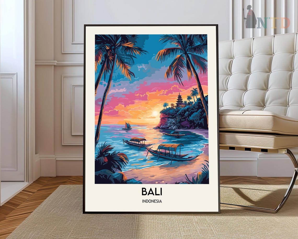 Bali Beach Sunset Outrigger Boats Palm Trees Scene Travel Poster