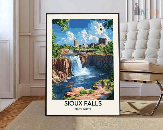 Vibrant Sioux Falls South Dakota Falls Park Waterfall Travel Poster