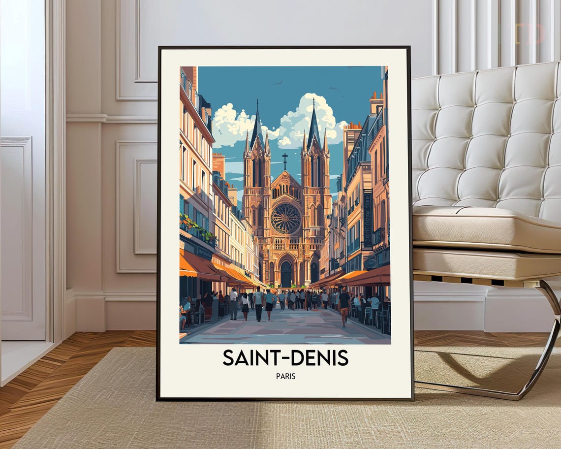 Saint Denis Paris Travel Poster Basilica Cathedral Street Cafe Scene