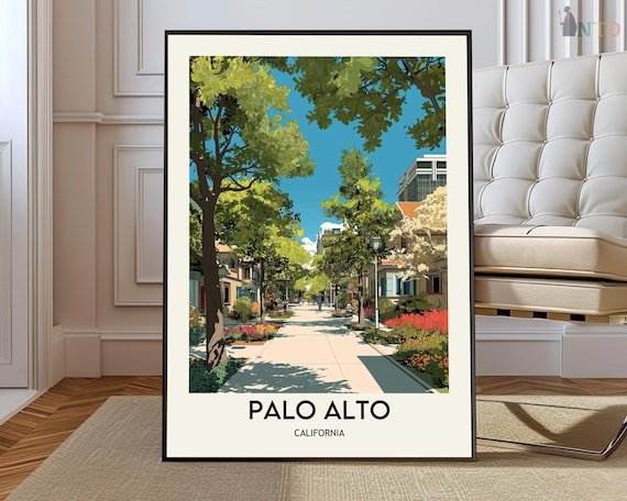 Palo Alto California Leafy Tree Lined Downtown Travel Poster Art