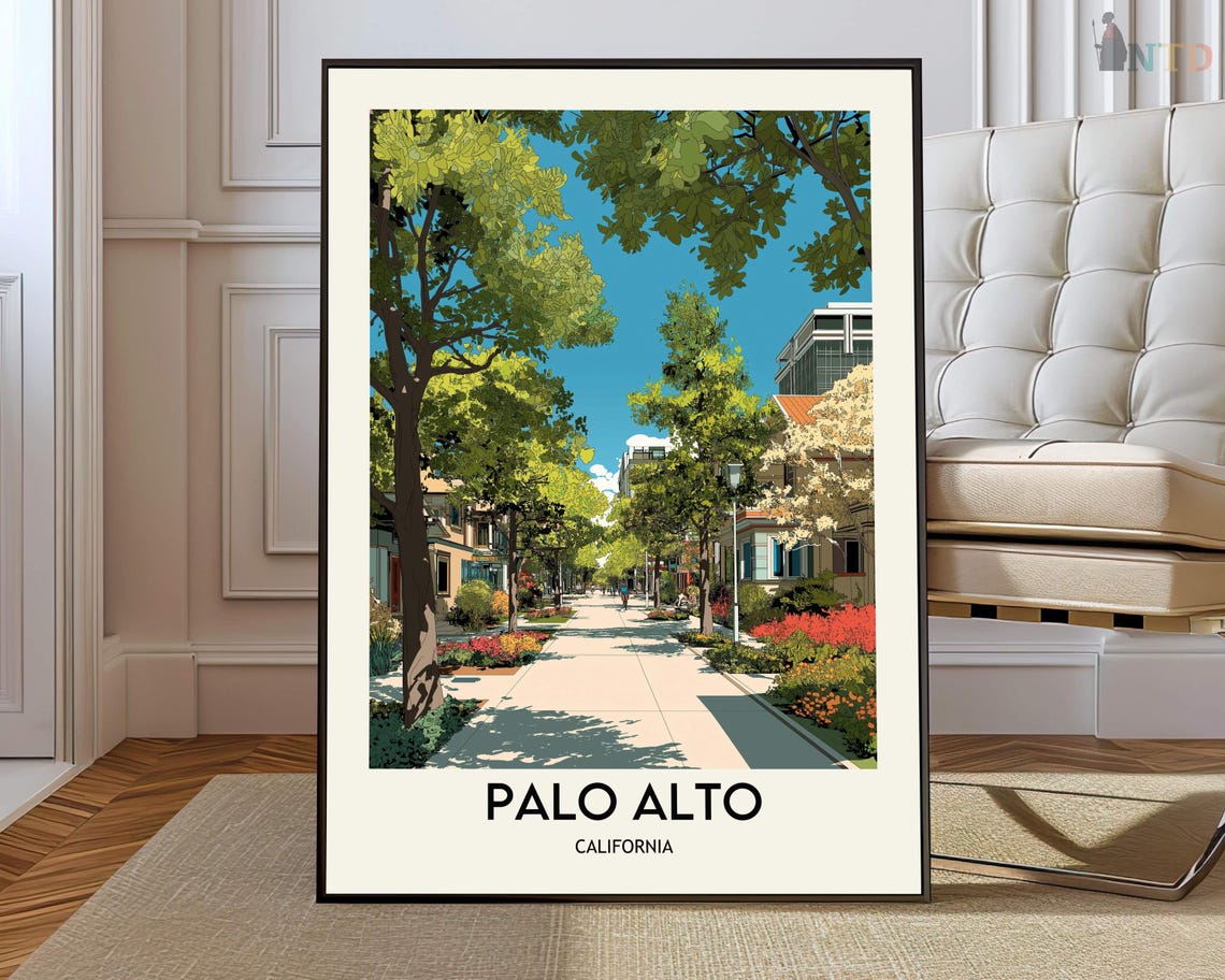 Palo Alto California Leafy Tree Lined Downtown Travel Poster Art