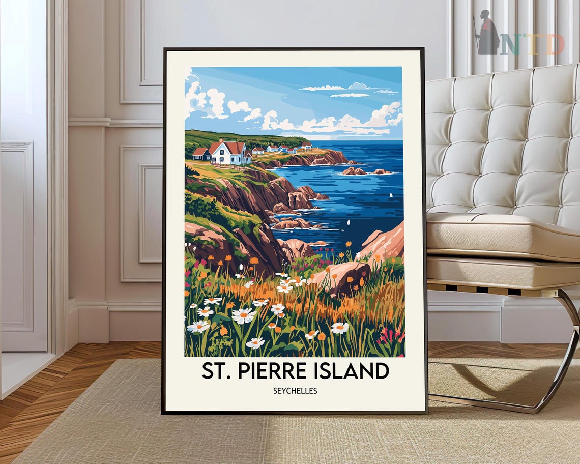 St Pierre Island Seychelles Vintage Travel Poster Coastal Cliffs Art