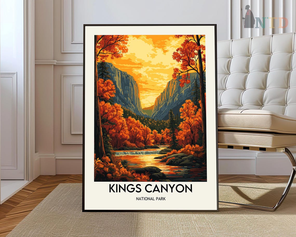 Kings Canyon National Park Golden Autumn Waterfall River Scene Poster