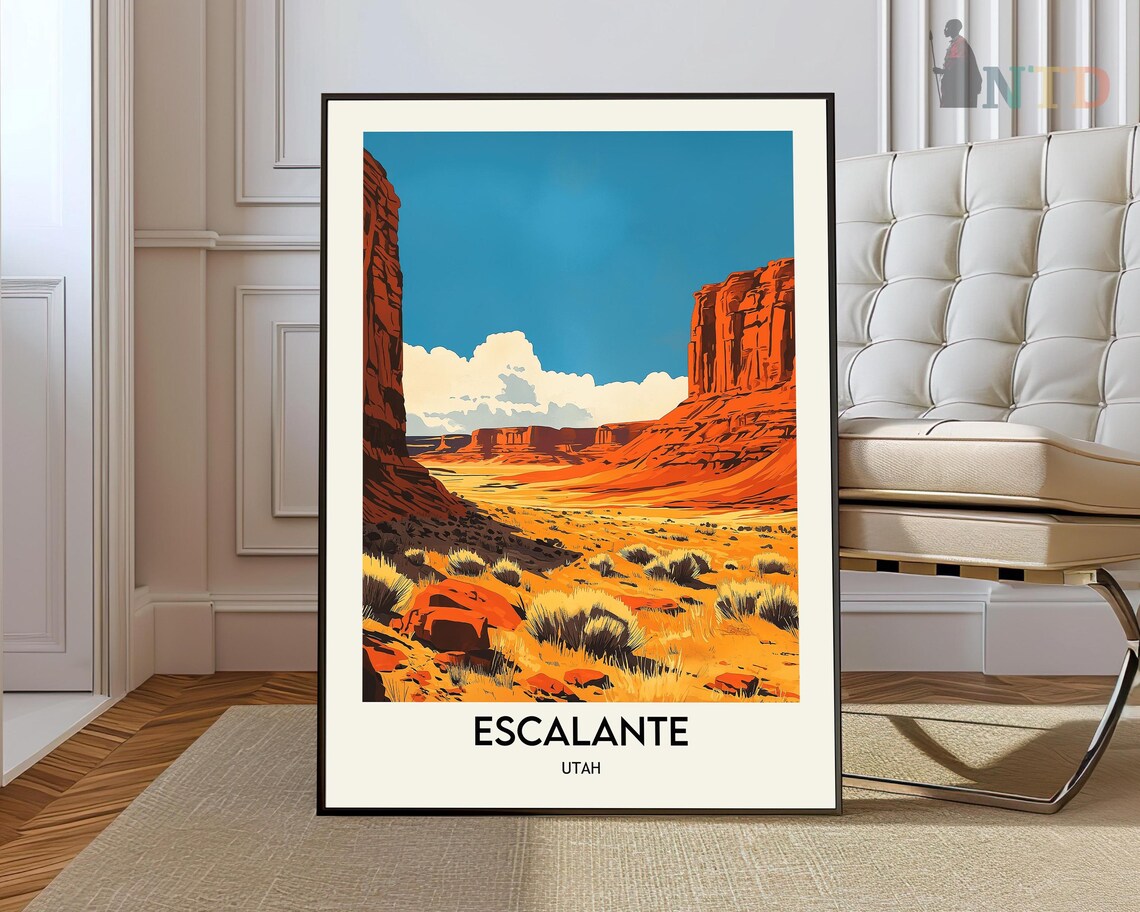 Escalante Utah Red Rock Desert Canyon Blue Sky Vintage Travel Poster