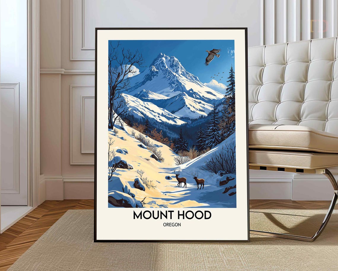 Mount Hood Oregon Snow Peak Elk Meadow Winter View Travel Poster