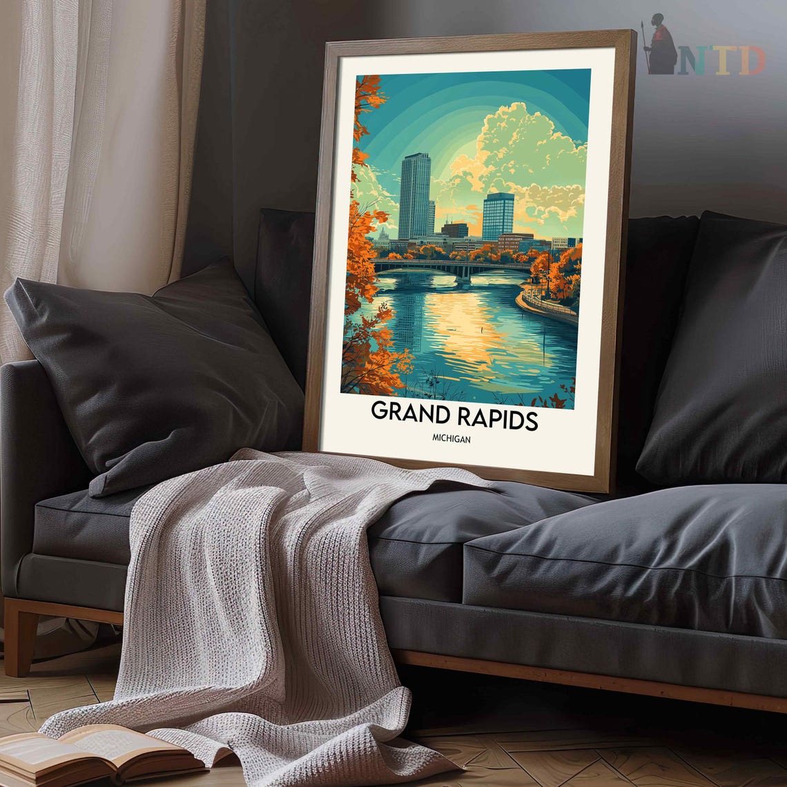 Grand Rapids Michigan Autumn River Skyline With Historic Bridge Poster - Image 3