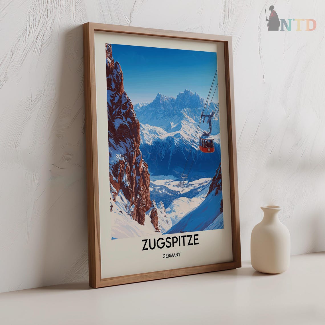 Zugspitze Germany Snowy Peak Red Cable Car Vintage Ski Travel Poster - Image 2
