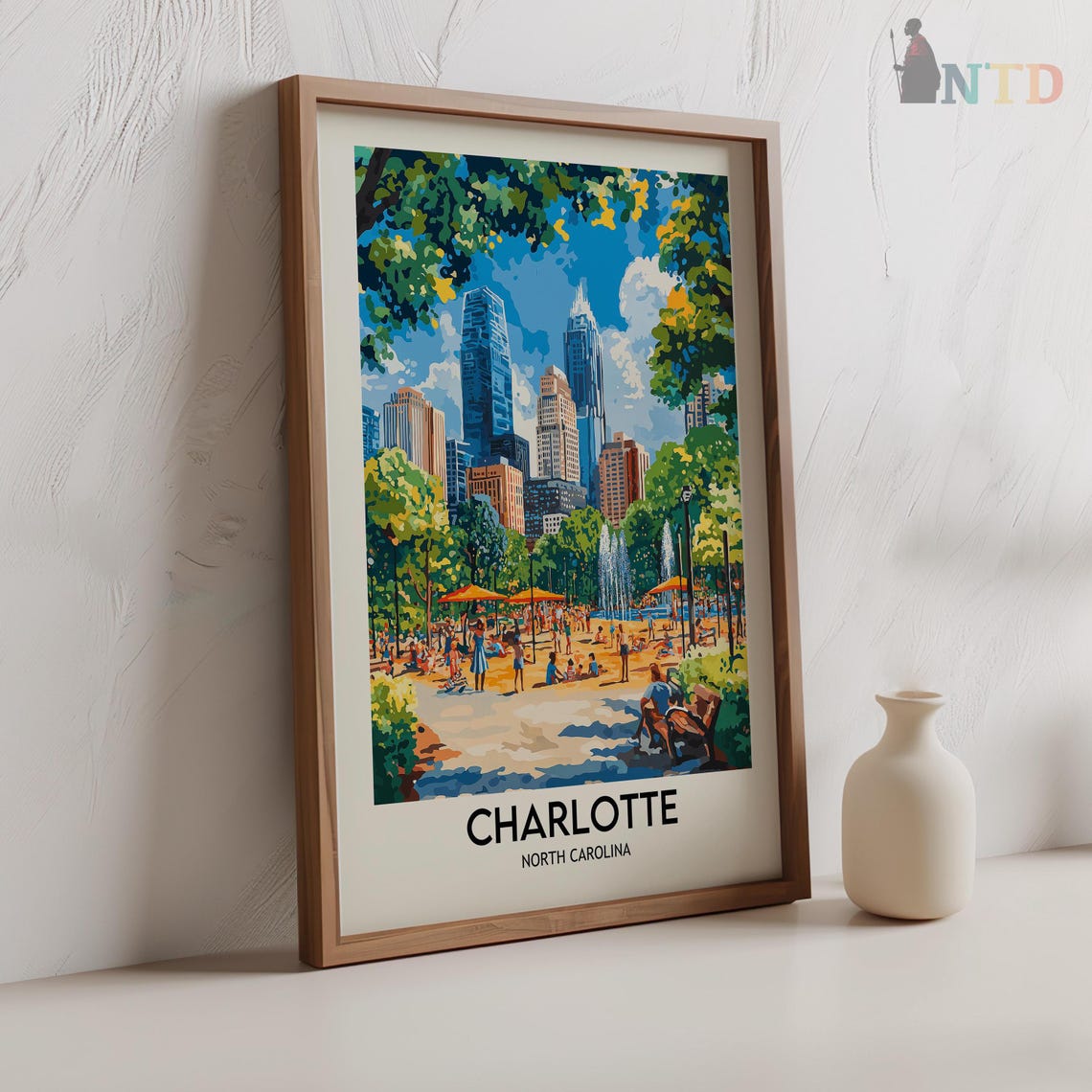 Charlotte North Carolina Park Fountain Uptown Skyline Day Poster - Image 2