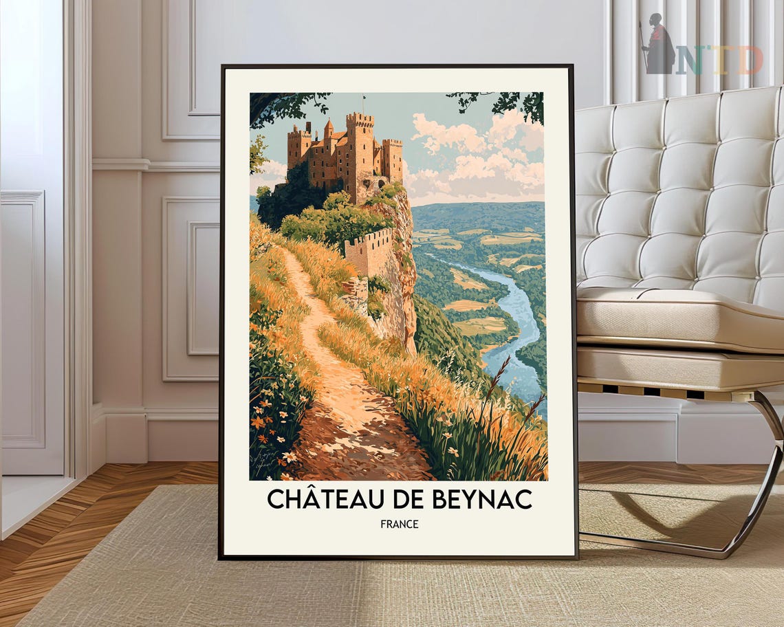 Chateau de Beynac France Cliffside Castle Dordogne Vintage Poster