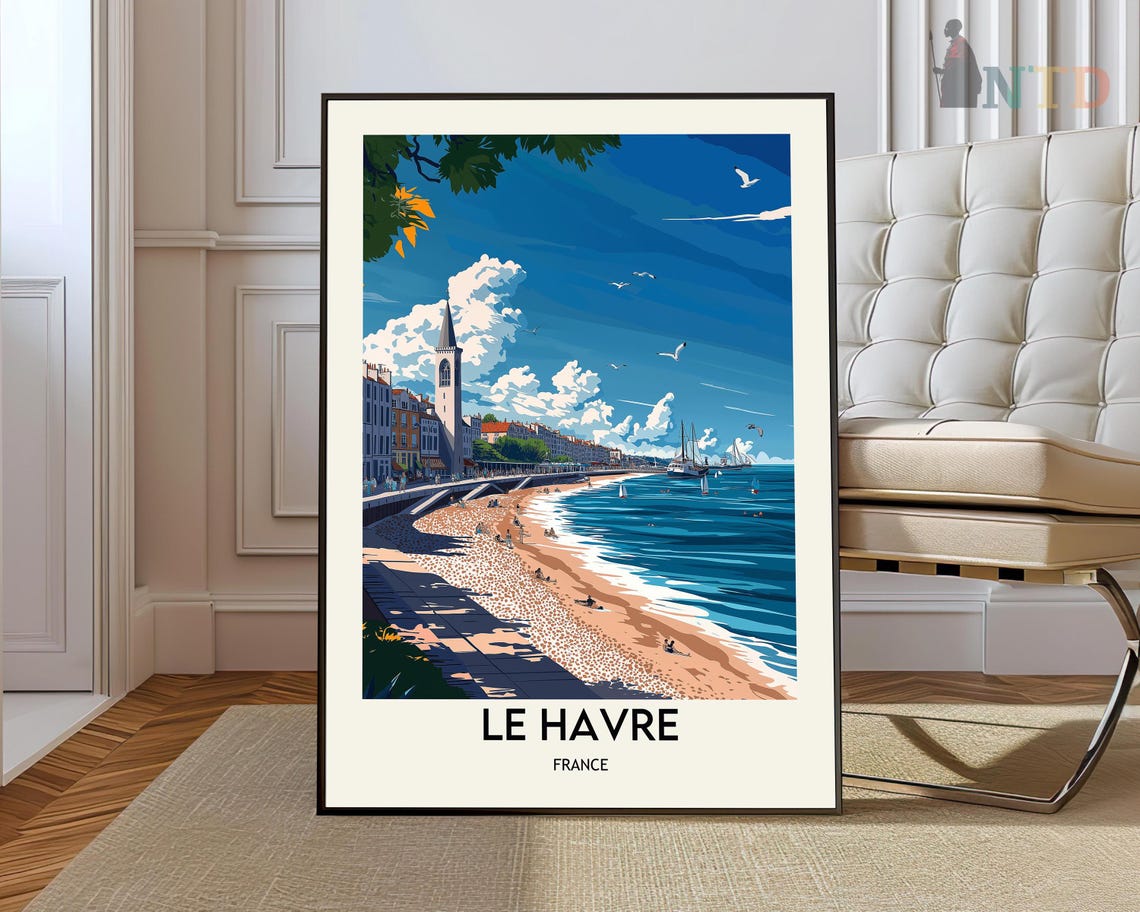 Le Havre France Beach Church Tower Seaside Illustration Poster