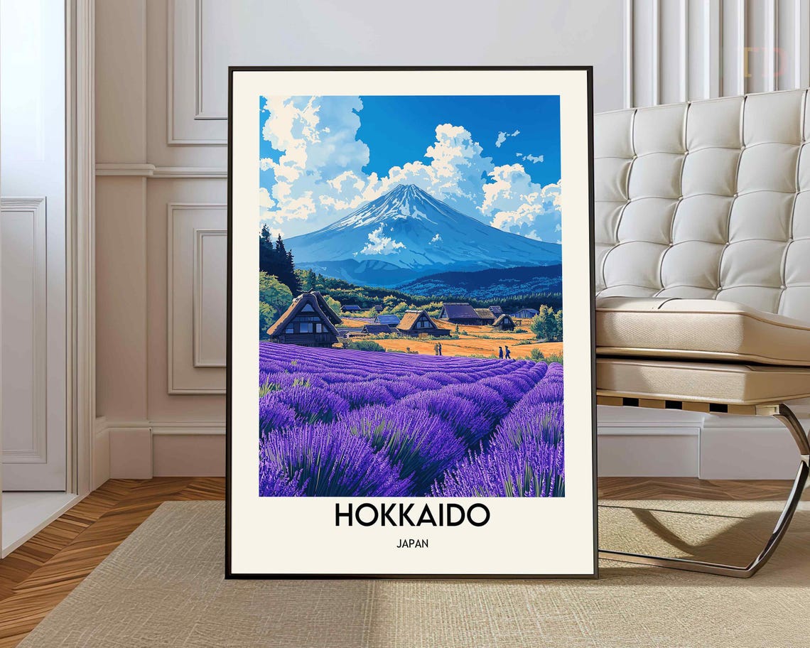 Hokkaido Japan Lavender Fields Snow Capped Volcano View Poster