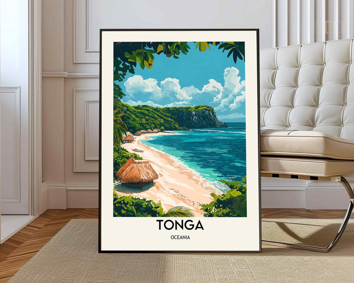 Tonga Oceania Tropical Beach Island Huts Turquoise Sea Travel Poster