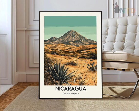 Nicaragua Central America Volcano Desert Retro Travel Poster