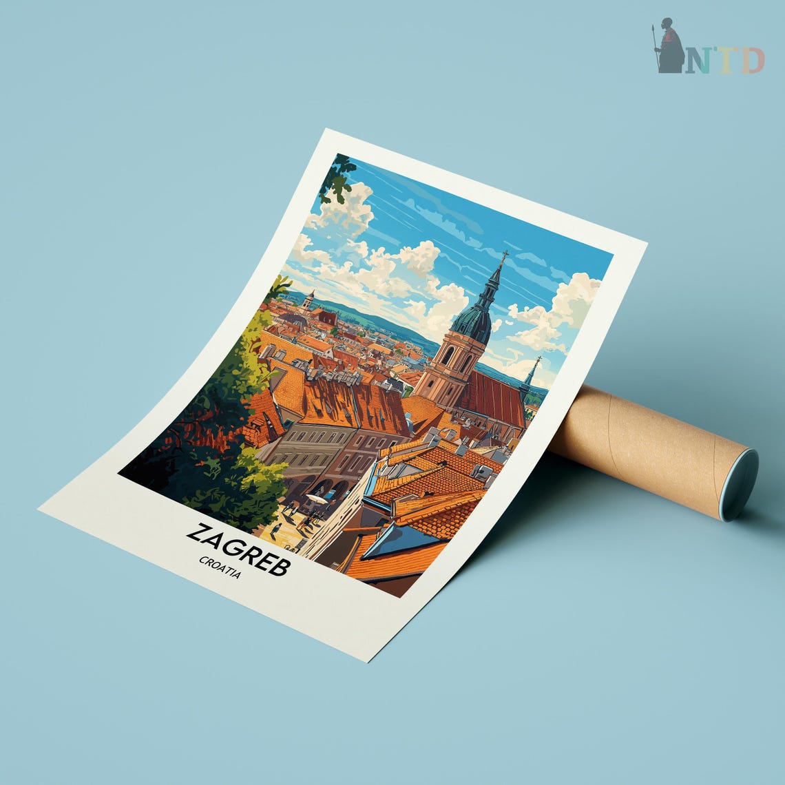 Zagreb Old Town Red Rooftops Church Spire Vintage Travel Poster - Image 3