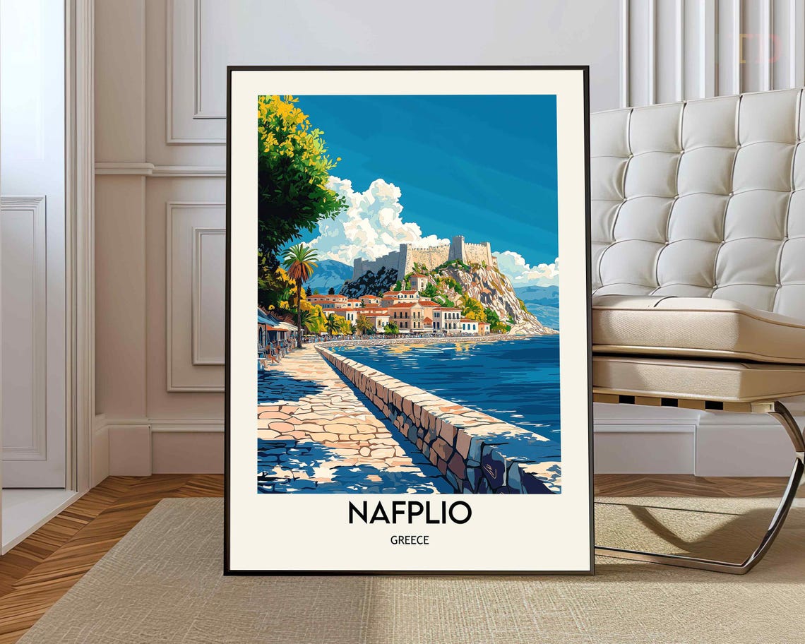 Nafplio Greece Vintage Travel Poster With Coastal Town and Fortress