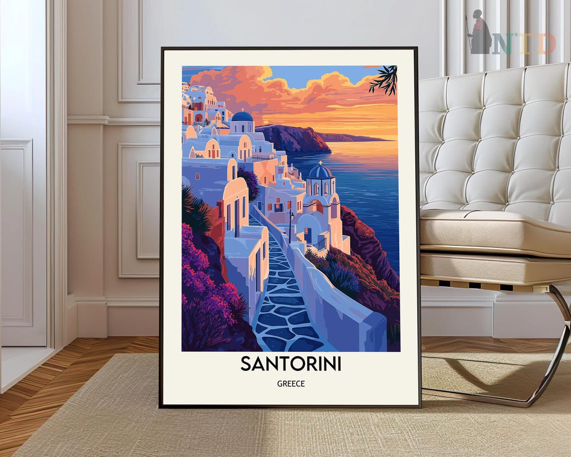 Santorini Cliffside Town at Sunset White Domes Travel Poster