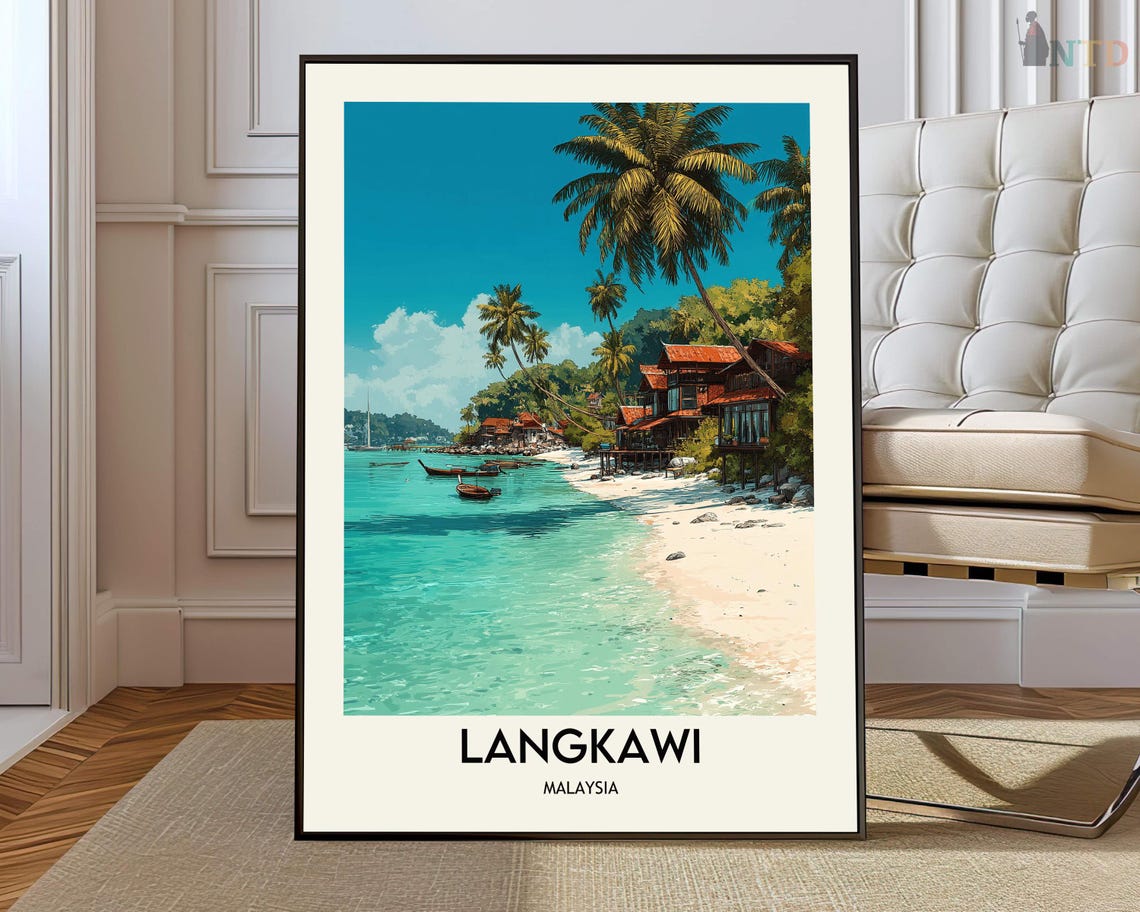 Langkawi Malaysia Tropical Beach Palms Vintage Travel Poster