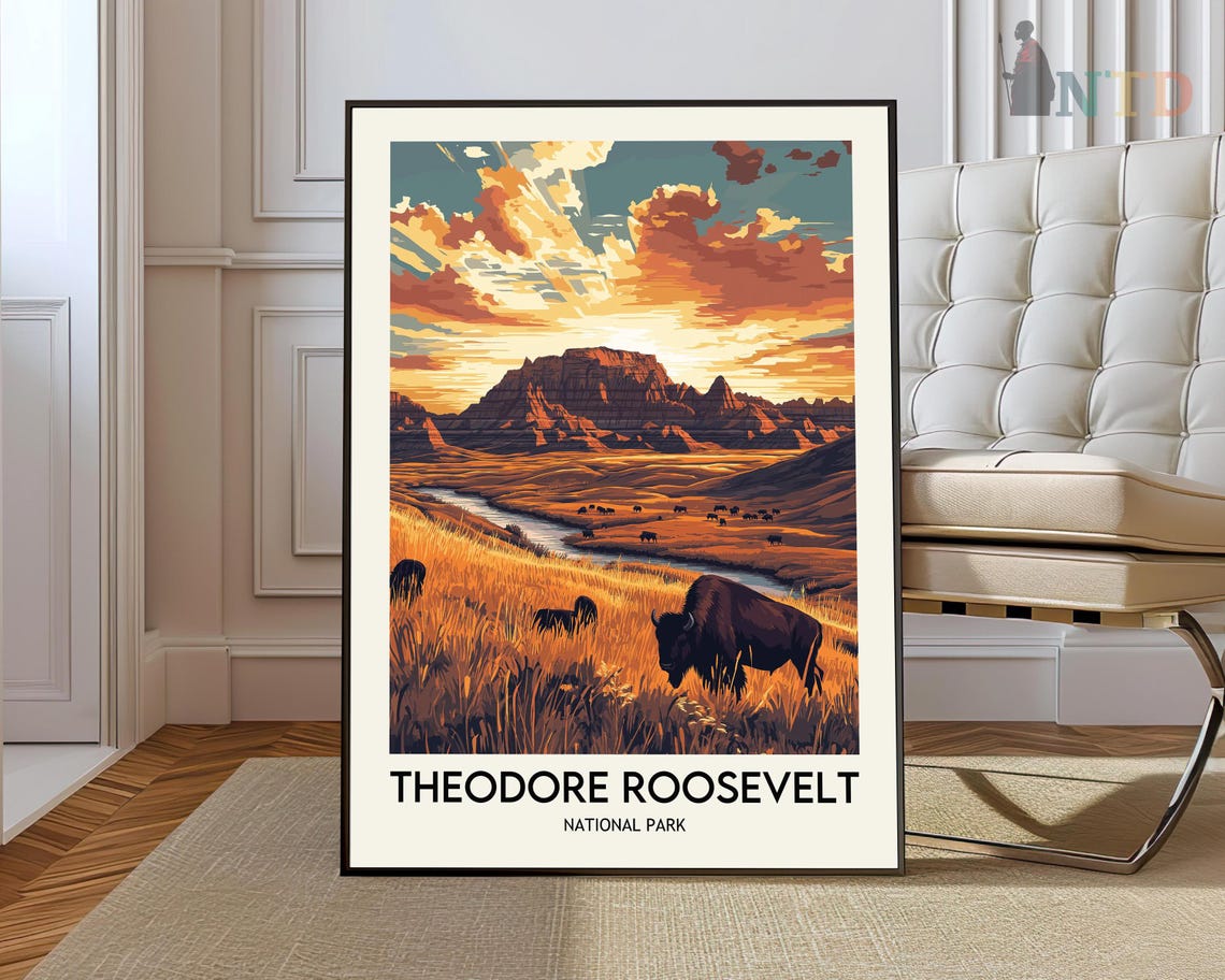 Theodore Roosevelt National Park Bison Sunset Prairie Poster