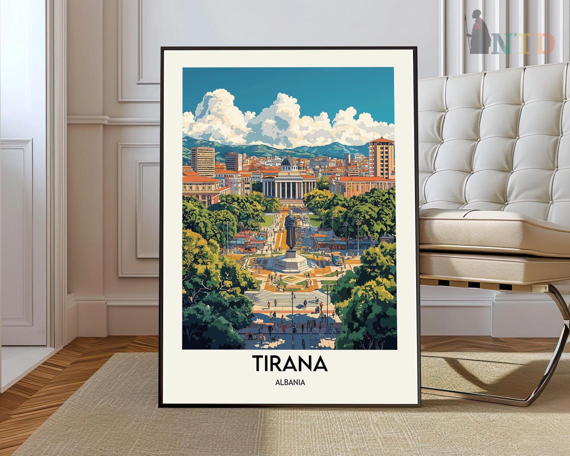 Tirana Albania Skanderbeg Square Retro Mountain City View Poster
