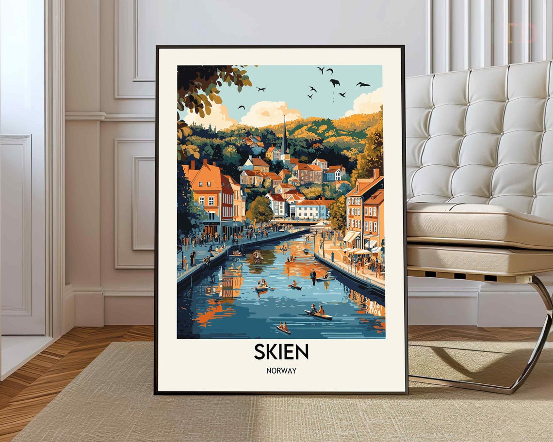Skien Norway Canal Kayak Historic Harbor Retro Travel Poster
