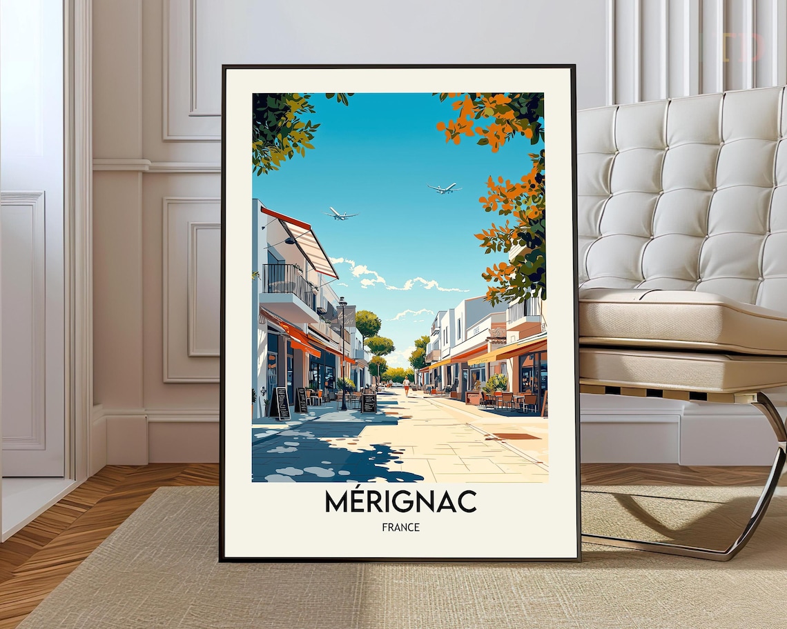 Merignac France Town Street Plane in Sky Colorful Travel Poster